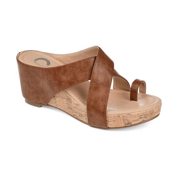 Journee Collection Womens Size 8.5M Faux Leather Rayna Wedge Sandals Brown $85 - Picture 1 of 10